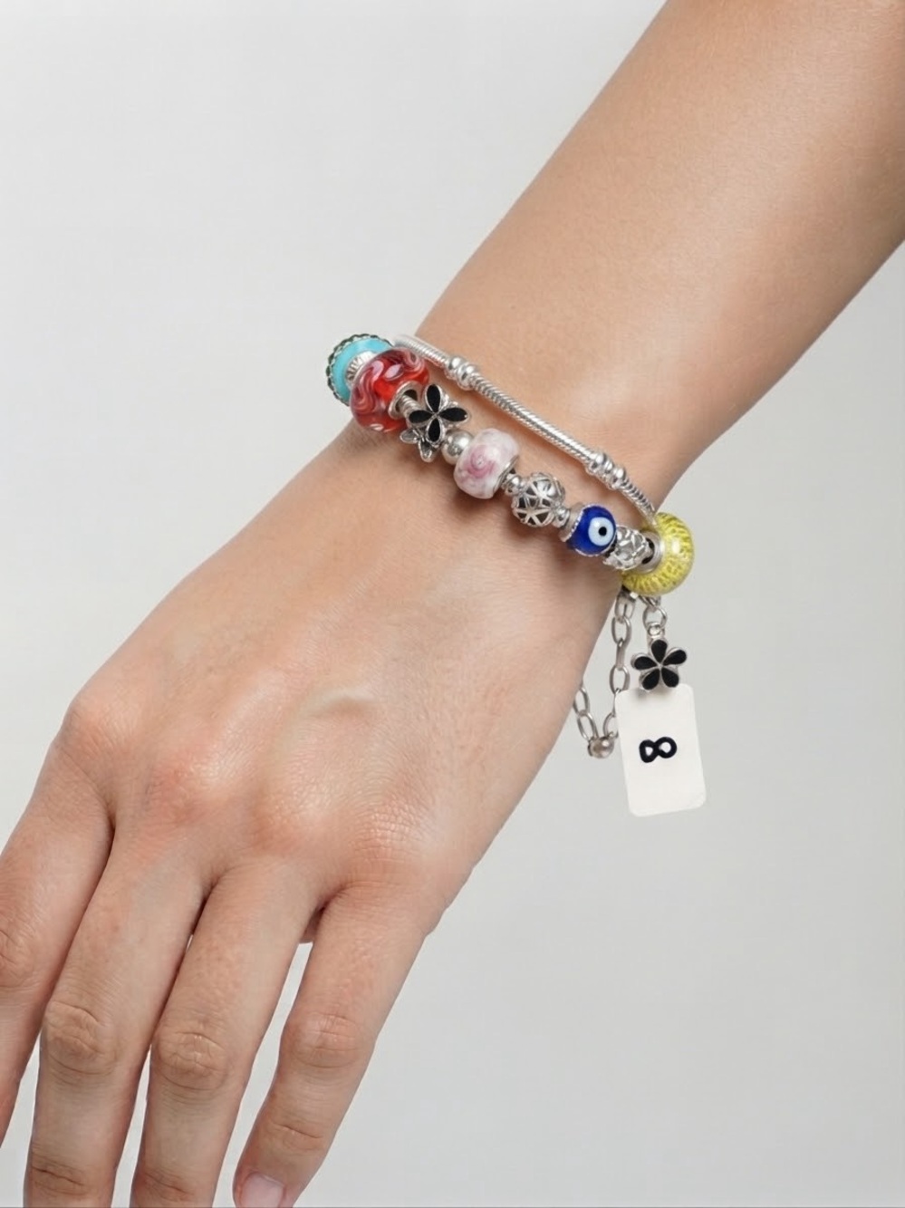 Silver Charm Bracelet with Multicolor Glass Beads